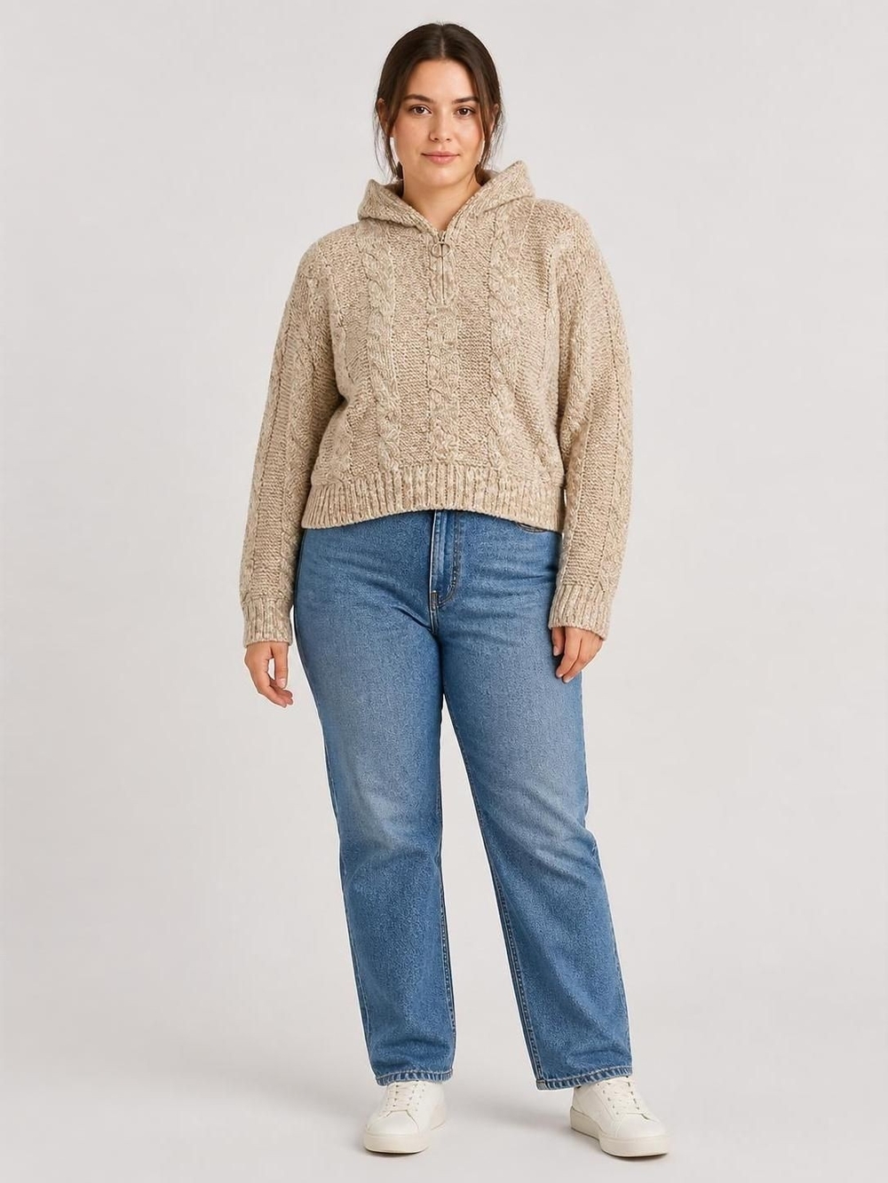 SO Medium Cable Knit Half-Zip Hooded Sweater - Beige
